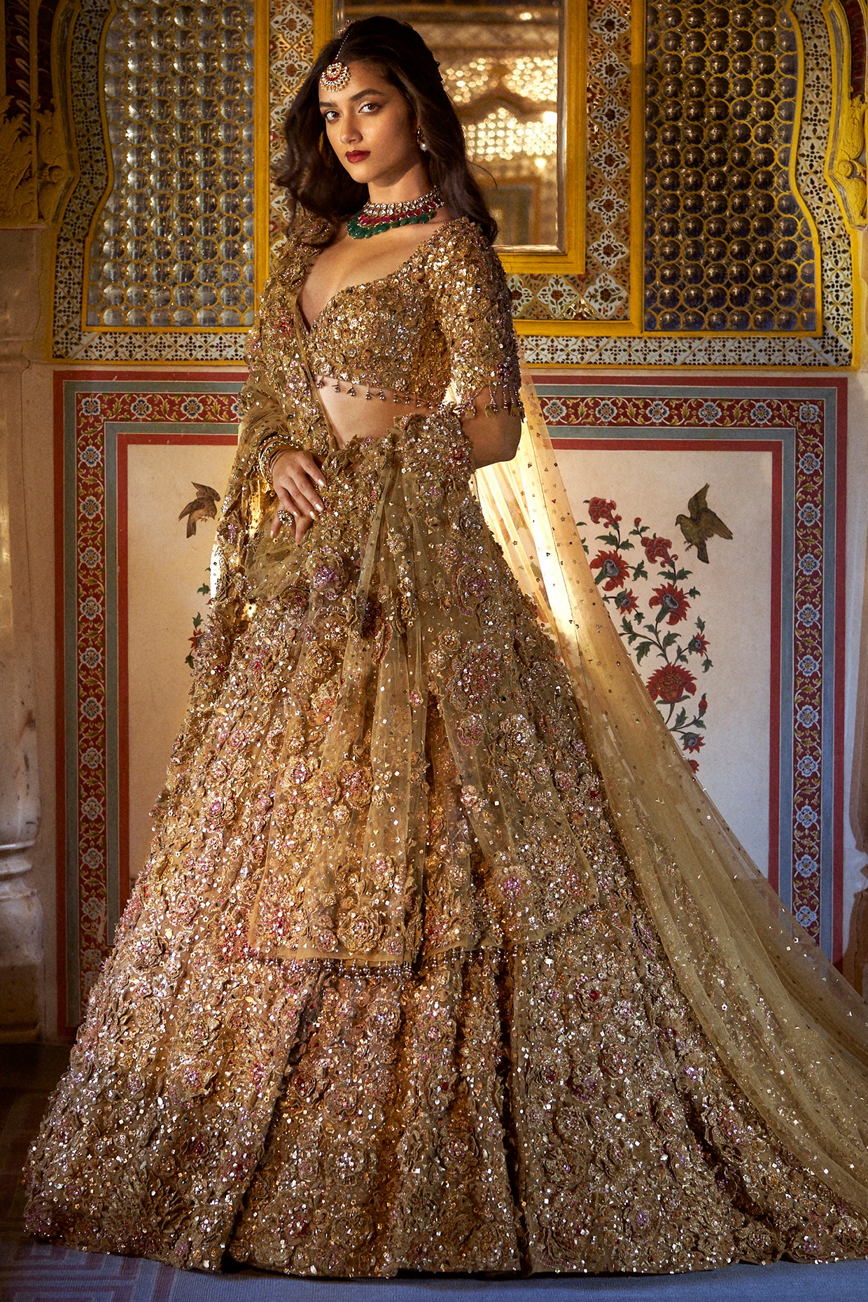 Net Golden Saanware Designer Bridal Wear Lehenga D.No 77272 at Rs 26995 in  Surat