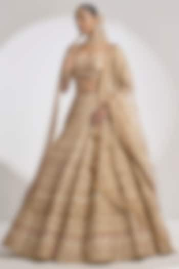 Cream Gold Raw Silk Zardosi Embroidered Bridal Lehenga Set by Seema Gujral at Pernia's Pop Up Shop