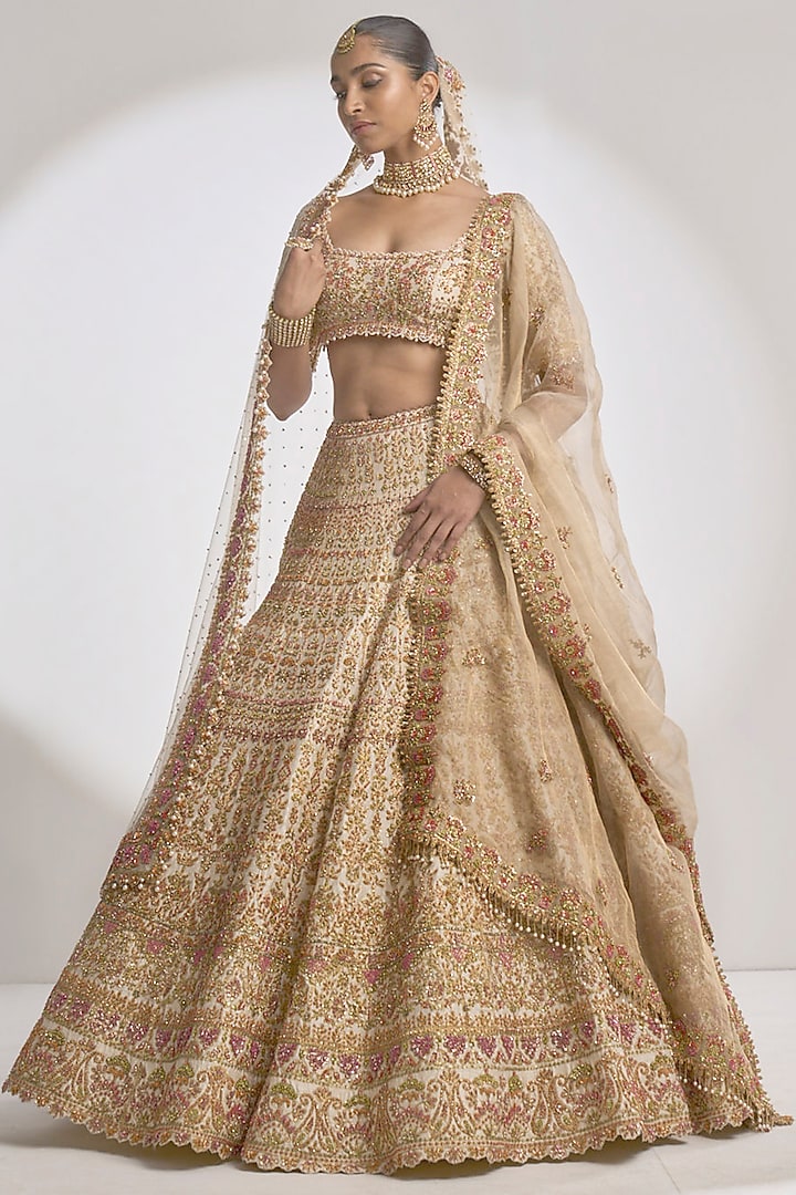 Cream Gold Raw Silk Zardosi Embroidered Bridal Lehenga Set by Seema Gujral at Pernia's Pop Up Shop