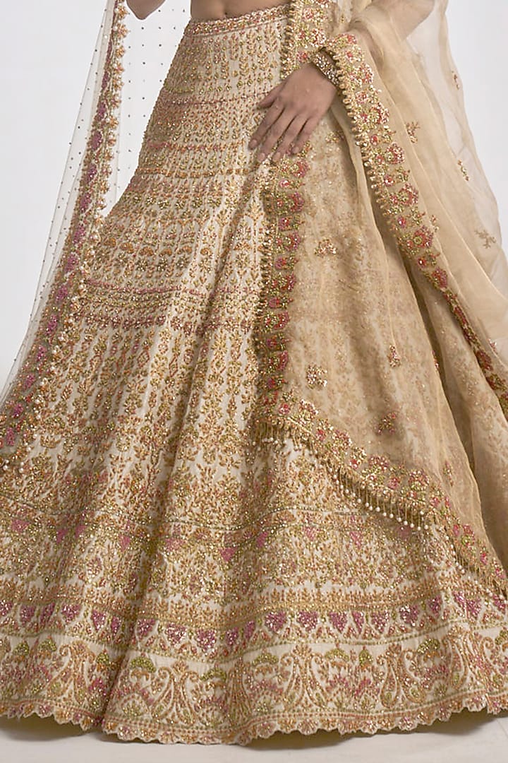 Cream Gold Raw Silk Zardosi Embroidered Bridal Lehenga Set by Seema Gujral at Pernia's Pop Up Shop