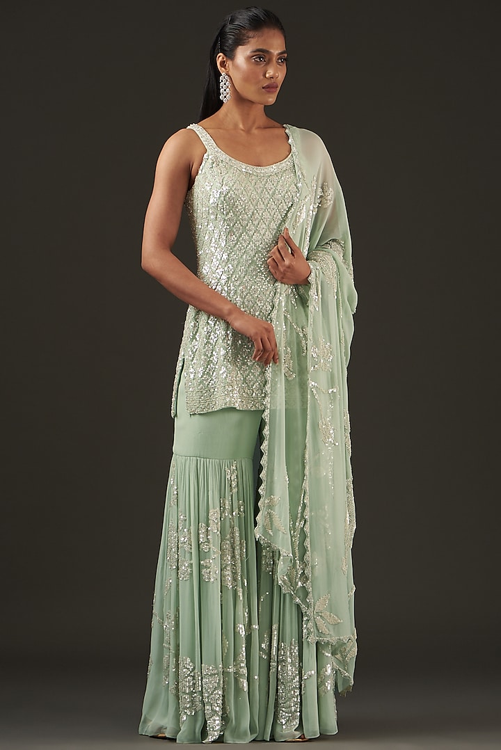 Mint Green Georgette Sequins Embroidered Sharara Set by Seema Gujral at Pernia's Pop Up Shop