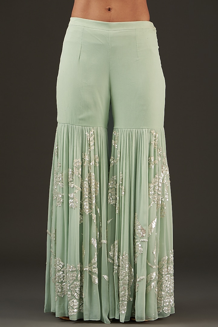 Mint Green Georgette Sequins Embroidered Bridal Sharara Set by Seema Gujral at Pernia's Pop Up Shop