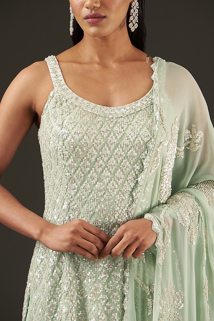 Mint Green Georgette Sequins Embroidered Bridal Sharara Set by Seema Gujral at Pernia's Pop Up Shop