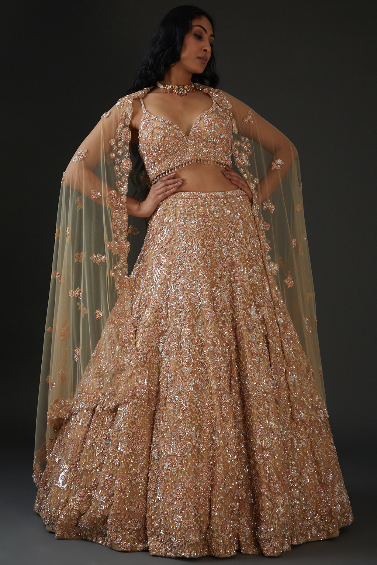 Peach Raw Silk Embroidered Lehenga Set by Seema Gujral
