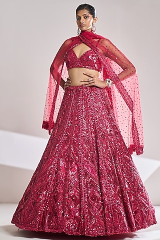 Rani Red Net Sequins Embroidered Lehenga Set by Seema Gujral