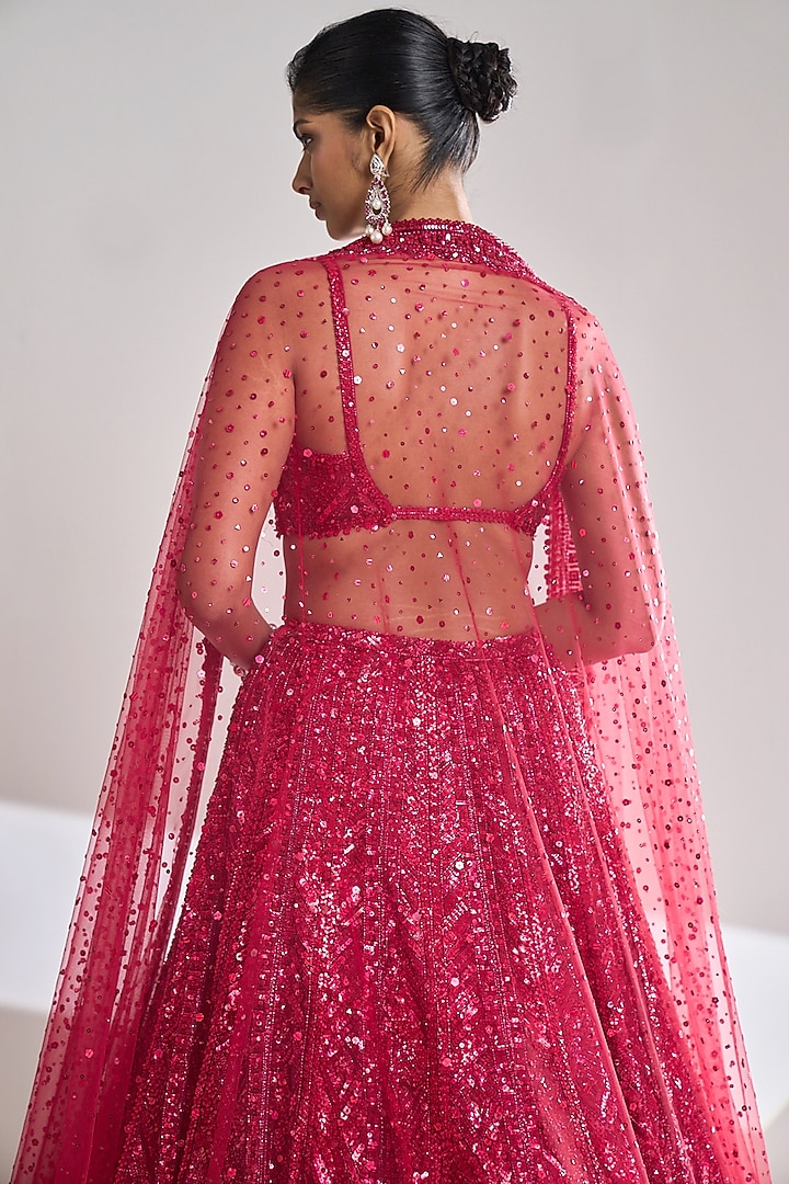 Rani Red Net Sequins Embroidered Bridal Lehenga Set by Seema Gujral at Pernia's Pop Up Shop