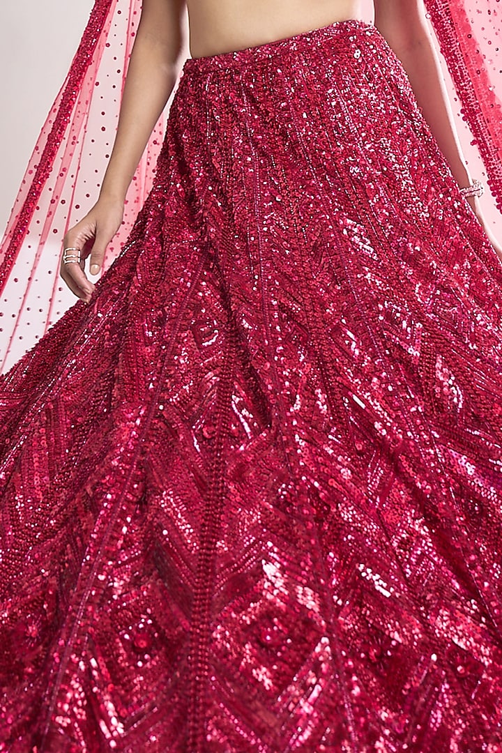 Rani Red Net Sequins Embroidered Bridal Lehenga Set by Seema Gujral at Pernia's Pop Up Shop