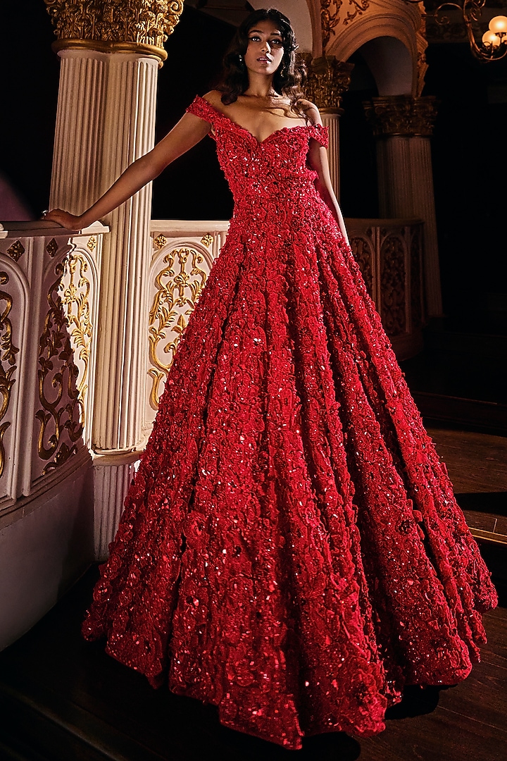 Blood Red Sequinned Off-Shoulder Gown by Seema Gujral