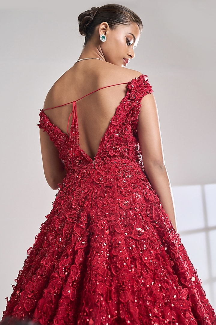 Blood Red Net Sequins & Beads Embroidered Off-Shoulder Bridal Gown by Seema Gujral at Pernia's Pop Up Shop