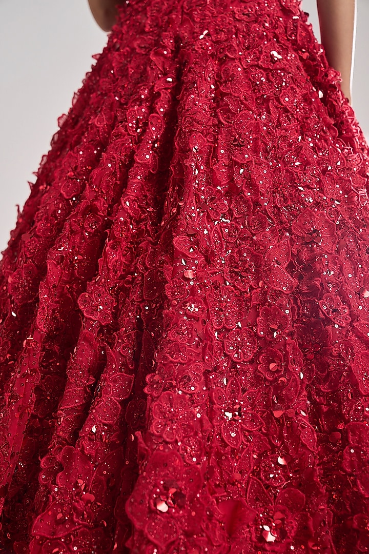 Blood Red Net Sequins & Beads Embroidered Off-Shoulder Bridal Gown by Seema Gujral at Pernia's Pop Up Shop