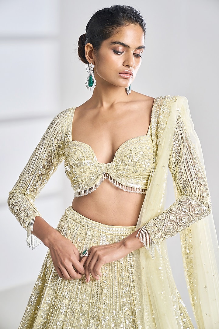 Lime Net Sequins Embroidered Bridal Lehenga Set by Seema Gujral at Pernia's Pop Up Shop
