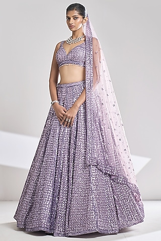 Mauve Net Sequins Embroidered Lehenga Set by Seema Gujral