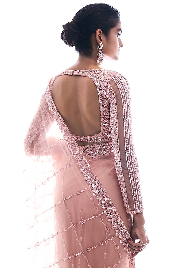 Rose Pink Net Sequins Reception Saree Set by Seema Gujral at Pernia's Pop Up Shop