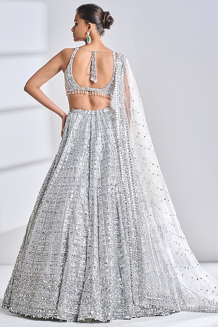 Silver Net Geometric Bridal Lehenga Set by Seema Gujral at Pernia's Pop Up Shop