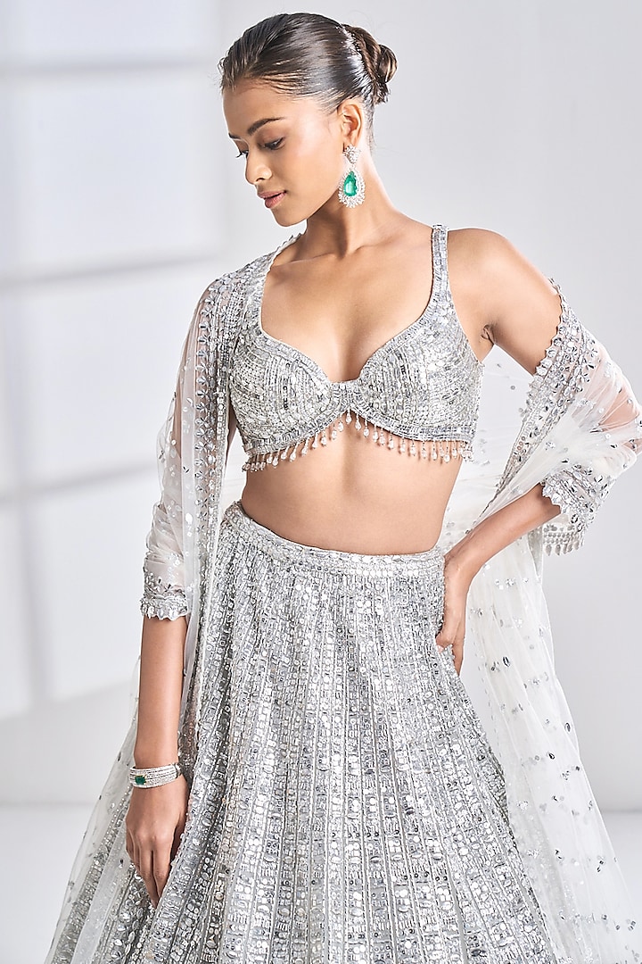 Silver Net Geometric Bridal Lehenga Set by Seema Gujral at Pernia's Pop Up Shop