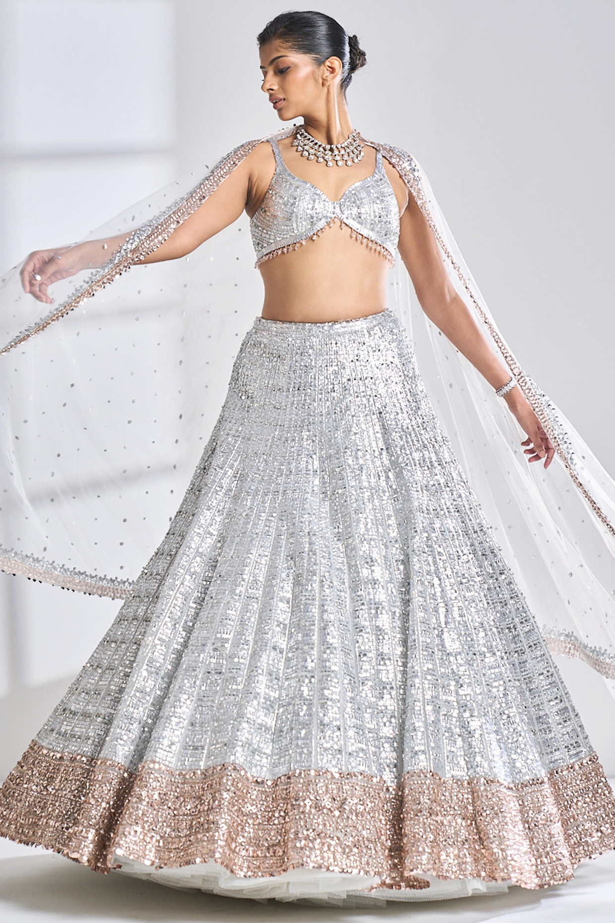 Silver Net Sequins Embroidered Bridal Lehenga Set by Seema Gujral at Pernia's Pop Up Shop