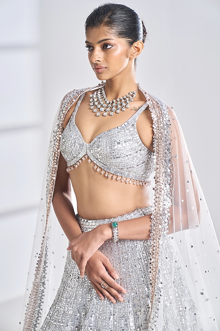 Silver Net Sequins Embroidered Bridal Lehenga Set by Seema Gujral at Pernia's Pop Up Shop