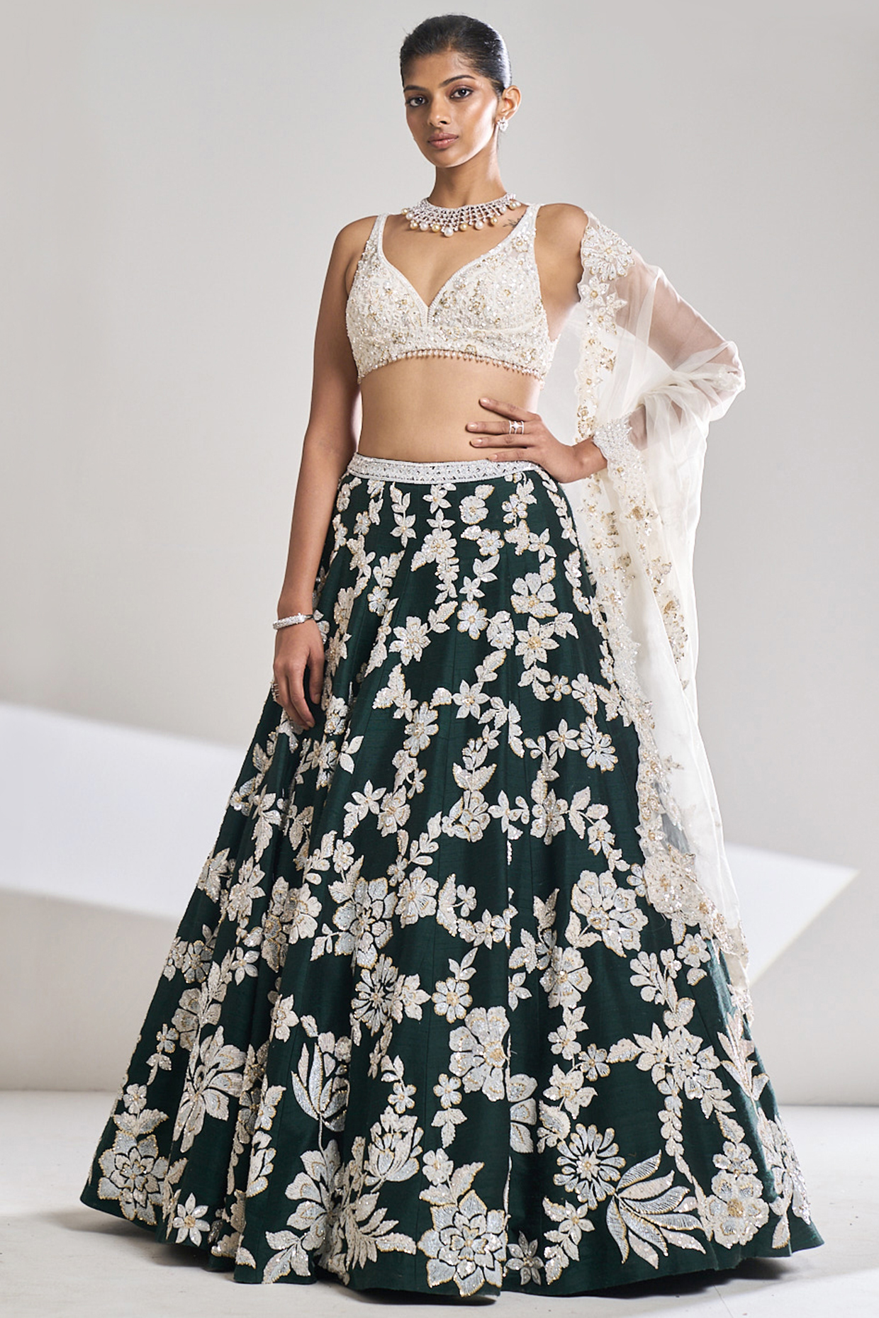 Bottle Green Raw Silk Pearl Embroidered Bridal Lehenga Set by Seema Gujral at Pernia's Pop Up Shop