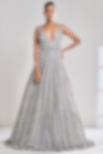 Silver Net Sequins Bridal Gown by Seema Gujral at Pernia's Pop Up Shop