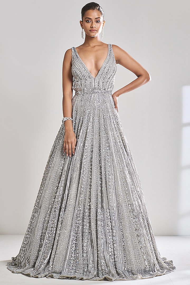 Silver Net Sequins Bridal Gown by Seema Gujral at Pernia's Pop Up Shop