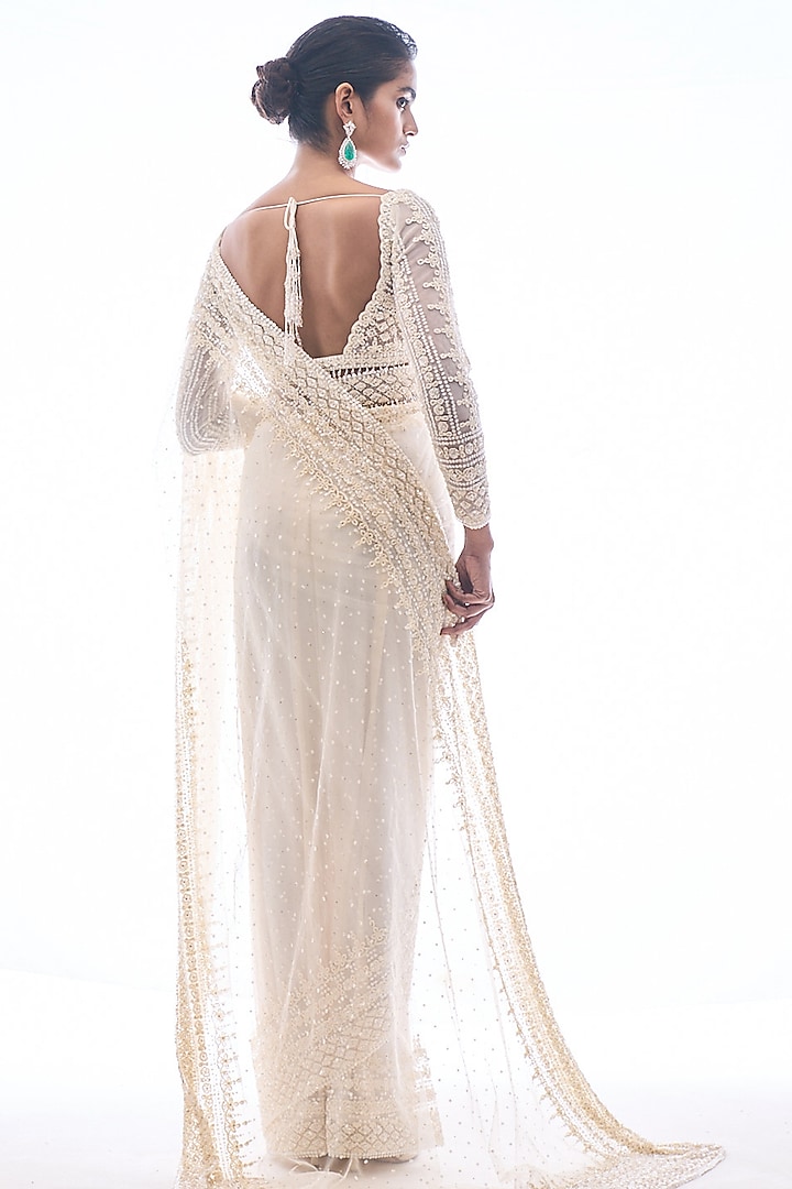 Ivory Net Sequins Embroidered Reception Saree Set by Seema Gujral at Pernia's Pop Up Shop