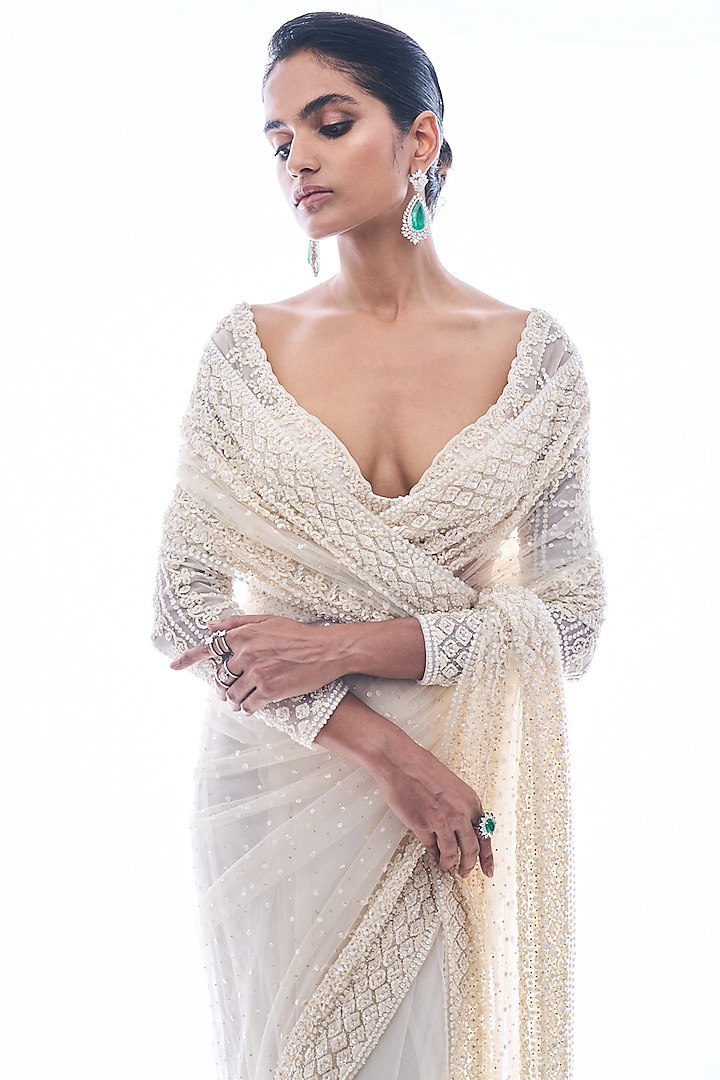 Ivory Net Sequins Embroidered Reception Saree Set by Seema Gujral at Pernia's Pop Up Shop