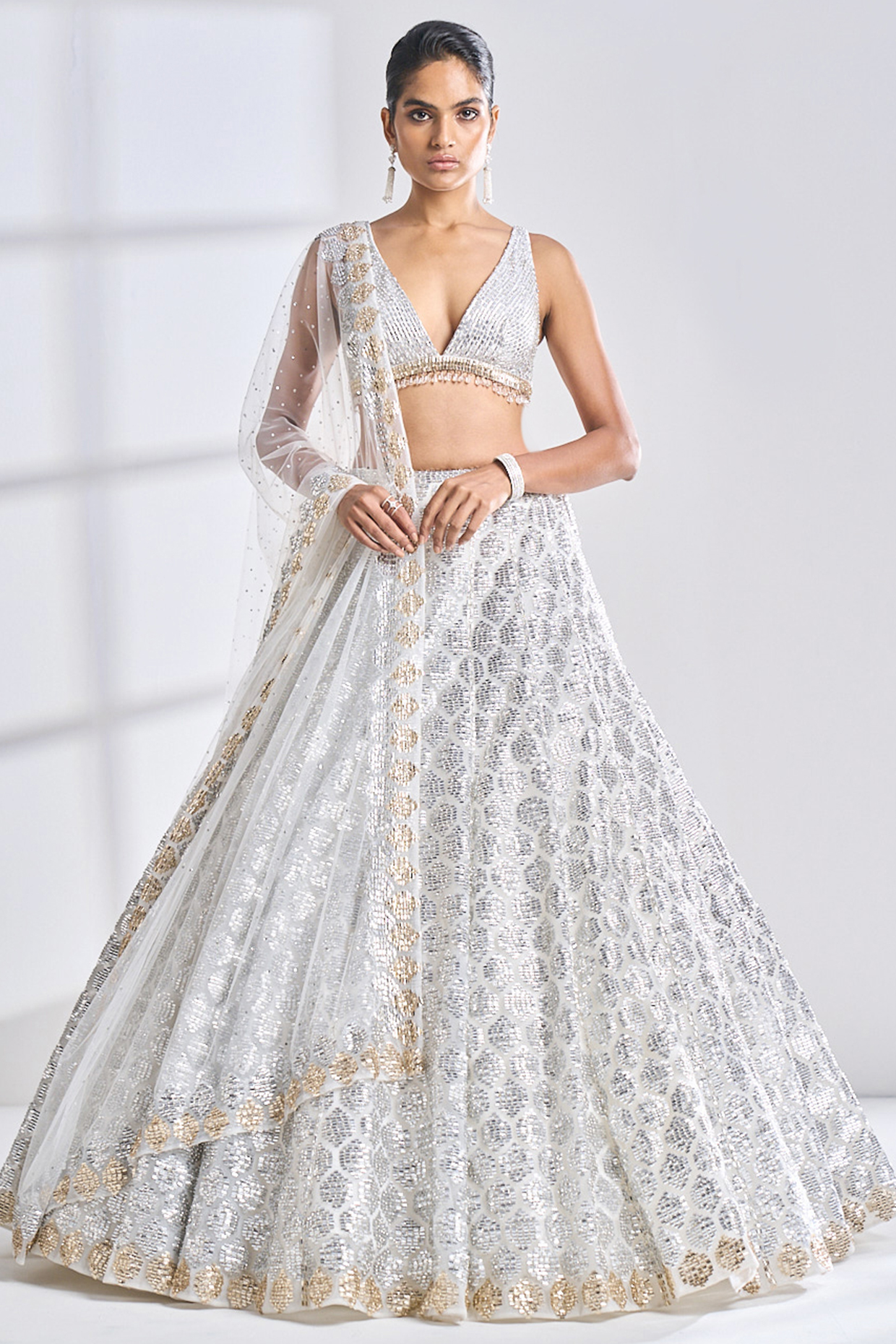 Light Silver Grey Net Sequins Embroidered Bridal Lehenga Set by Seema Gujral at Pernia's Pop Up Shop