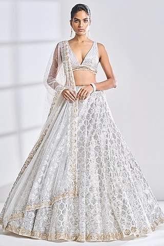 Light Silver Grey Net Sequins Embroidered Lehenga Set by Seema Gujral