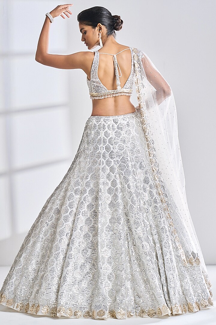 Light Silver Grey Net Sequins Embroidered Bridal Lehenga Set by Seema Gujral at Pernia's Pop Up Shop