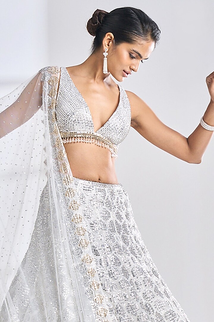 Light Silver Grey Net Sequins Embroidered Bridal Lehenga Set by Seema Gujral at Pernia's Pop Up Shop