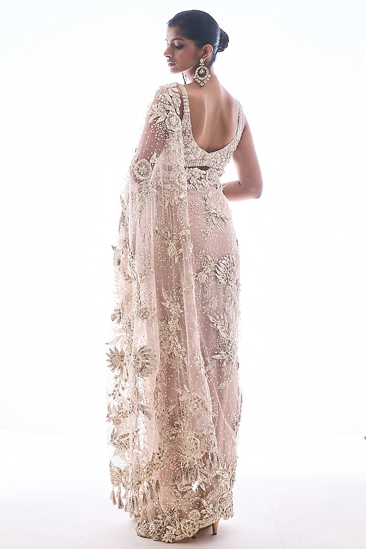 Nude Net Beads & Crystal Embroidered Reception Saree Set by Seema Gujral at Pernia's Pop Up Shop