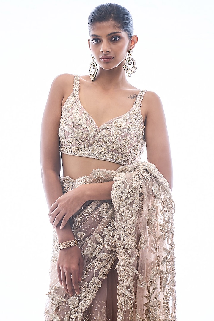 Nude Net Beads & Crystal Embroidered Reception Saree Set by Seema Gujral at Pernia's Pop Up Shop