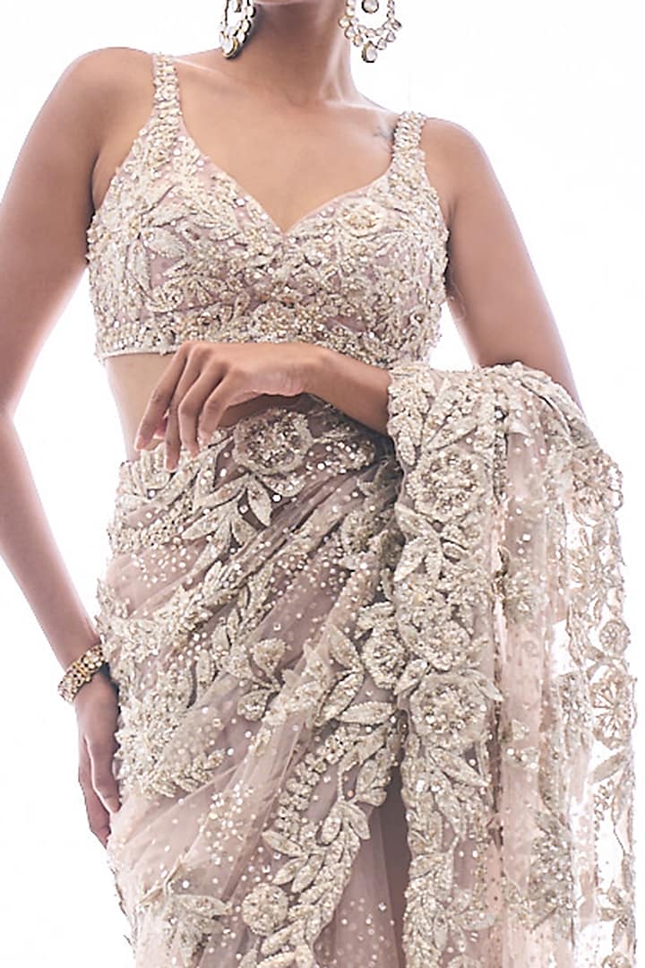 Nude Net Beads & Crystal Embroidered Reception Saree Set by Seema Gujral at Pernia's Pop Up Shop