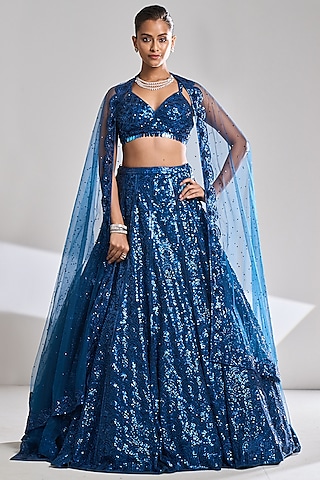 Persian Blue Net Sequins Embroidered Lehenga Set by Seema Gujral
