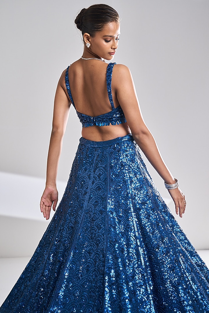 Persian Blue Net Sequins Embroidered Bridal Lehenga Set by Seema Gujral at Pernia's Pop Up Shop