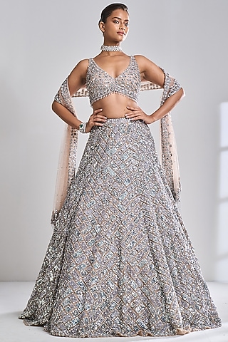 Caramel Net Metallic Sequins & Crystal Embroidered Lehenga Set by Seema Gujral