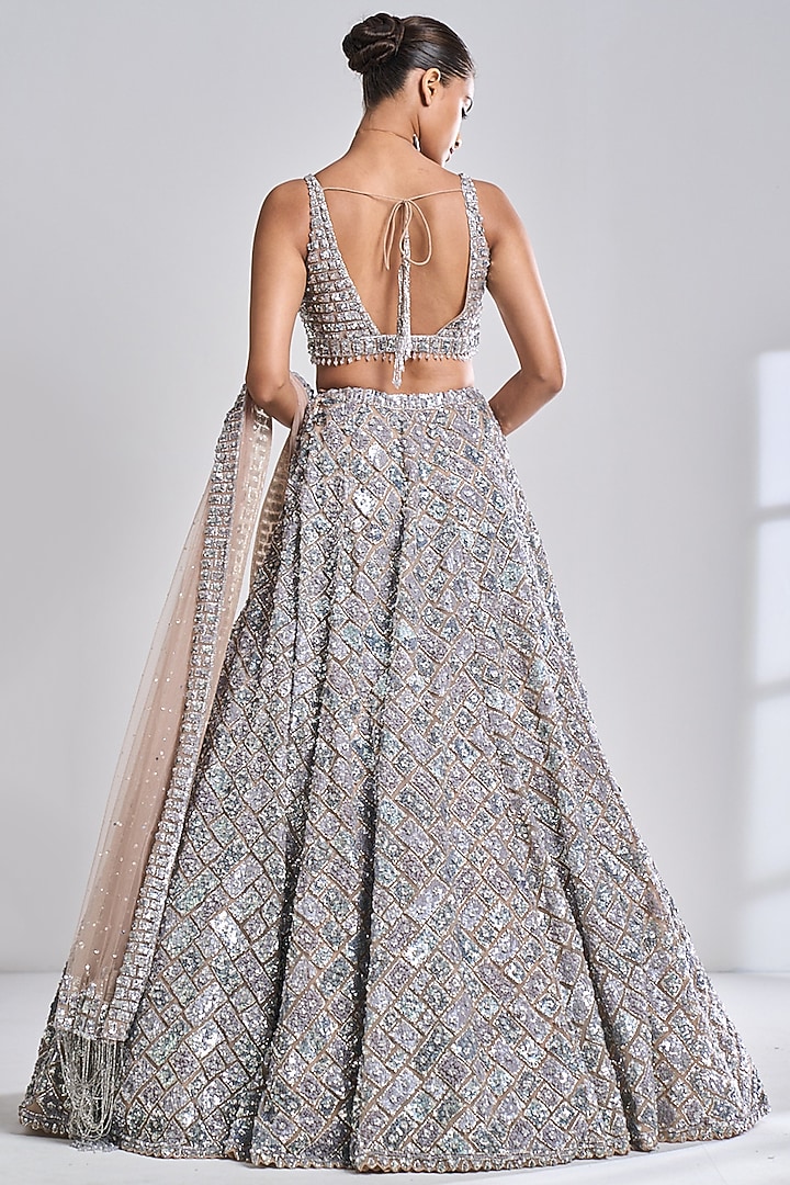 Caramel Net Metallic Sequins & Crystal Embroidered Bridal Lehenga Set by Seema Gujral at Pernia's Pop Up Shop