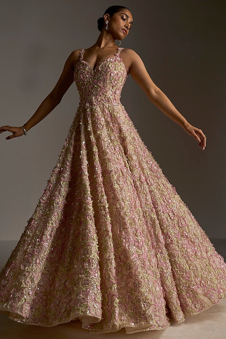 Powder Peach Embroidered Gown by Seema Gujral