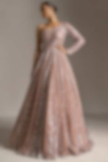 Nude Sequinned One-Shoulder Gown by Seema Gujral