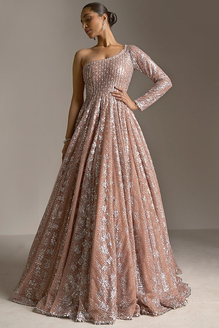 Nude Sequinned One-Shoulder Gown by Seema Gujral