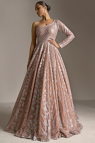 Nude Net Sequins One-Shoulder Gown by Seema Gujral