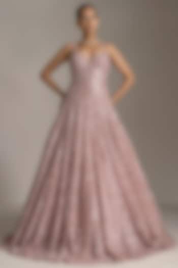 Rose Pink Net Sequins Embroidered Wedding Gown by Seema Gujral at Pernia's Pop Up Shop