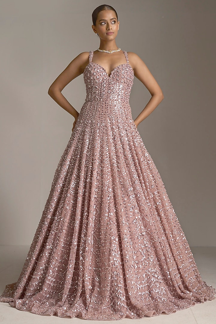 Rose Pink Net Sequins Embroidered Wedding Gown by Seema Gujral at Pernia's Pop Up Shop