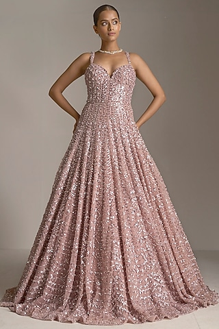 Rose Pink Net Sequins Embroidered Gown by Seema Gujral