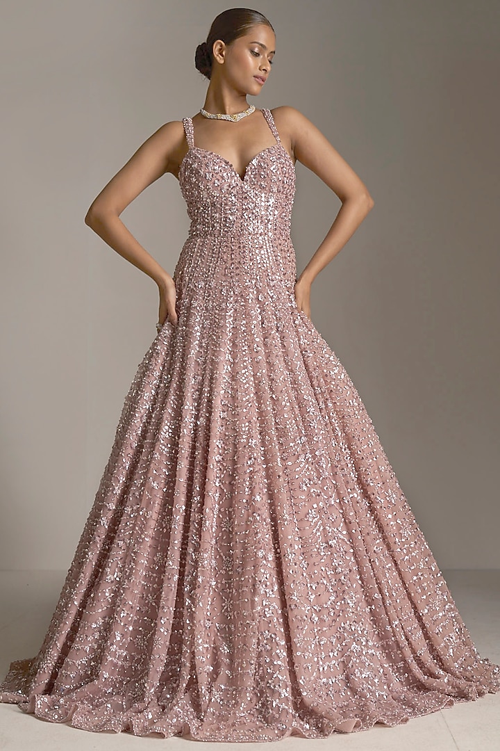 Rose Pink Net Sequins Embroidered Wedding Gown by Seema Gujral at Pernia's Pop Up Shop