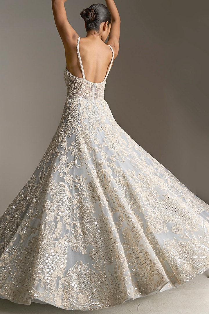 Ice Blue Net Pearl Sequins Embroidered Wedding Gown by Seema Gujral at Pernia's Pop Up Shop