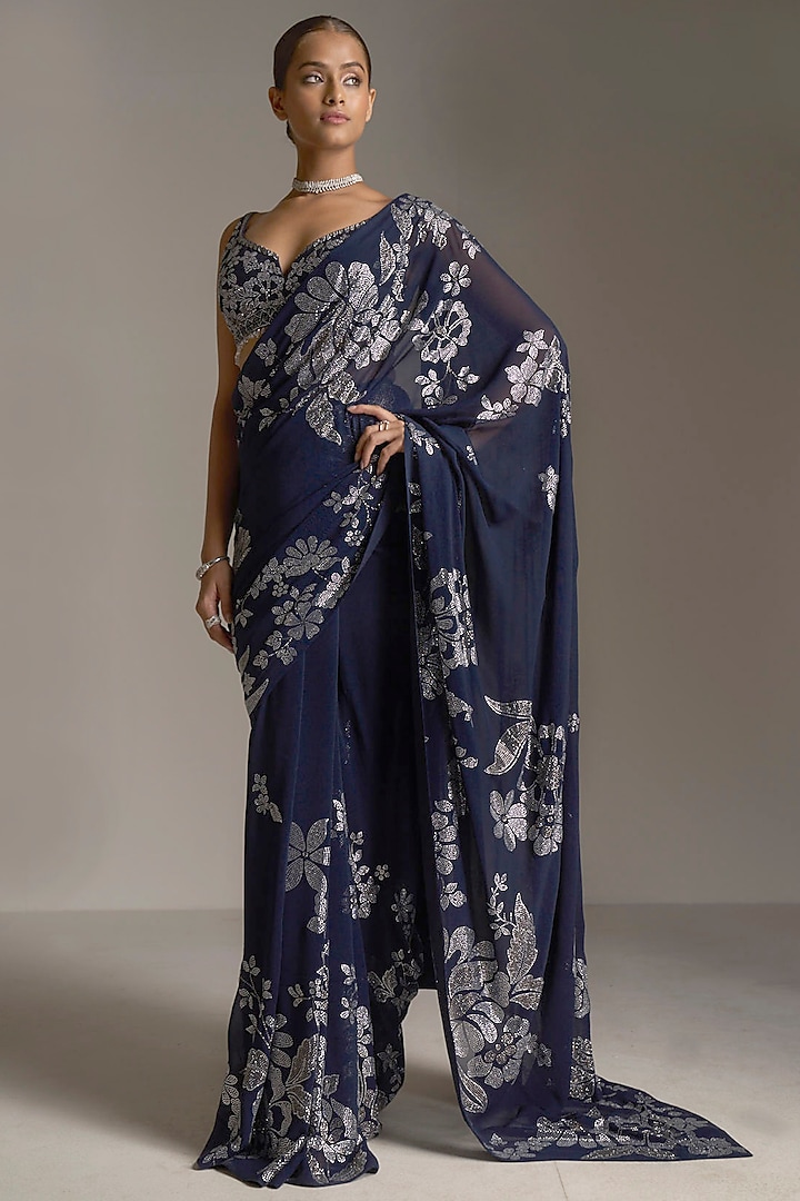 Navy Blue Floral Saree Set by Seema Gujral