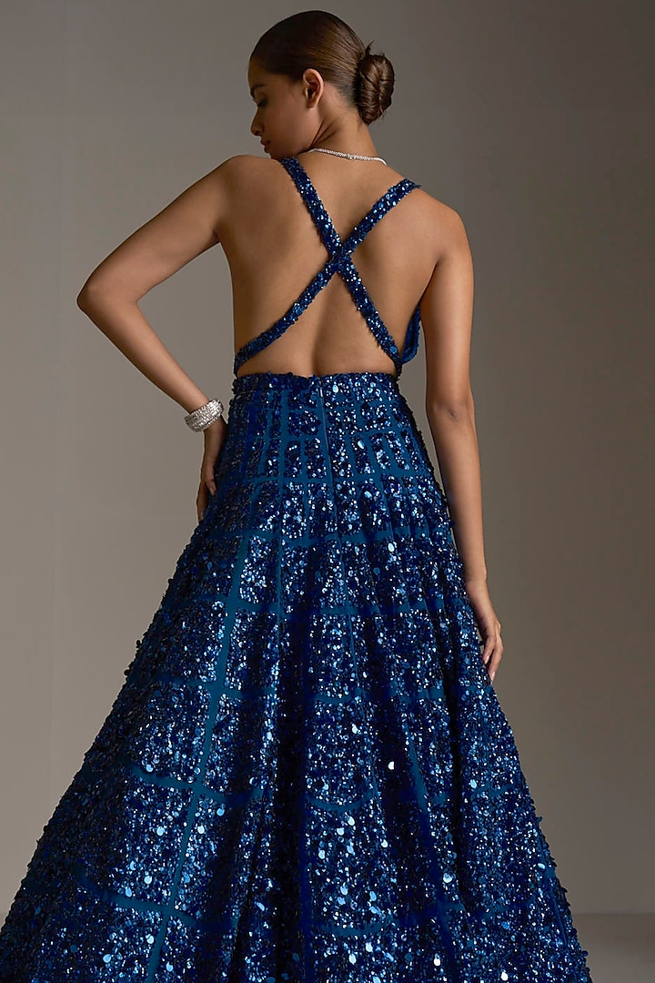 Persian Blue Net Sequin Embroidered Wedding Gown by Seema Gujral at Pernia's Pop Up Shop