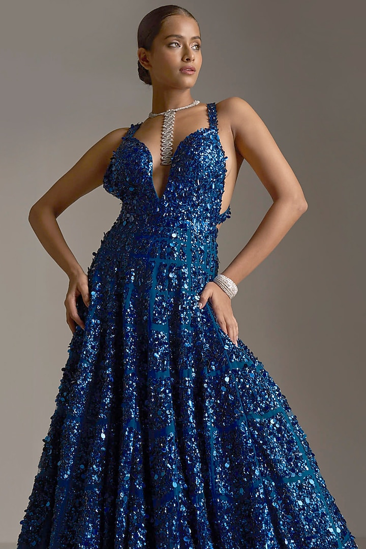 Persian Blue Net Sequin Embroidered Wedding Gown by Seema Gujral at Pernia's Pop Up Shop