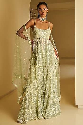 Mint Green Net Sequins Embroidered Bridal Sharara Set by Seema Gujral at Pernia's Pop Up Shop